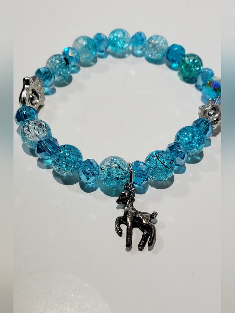 Blue Glass Crystal Beaded Charm Bracelet with Deer Pendant